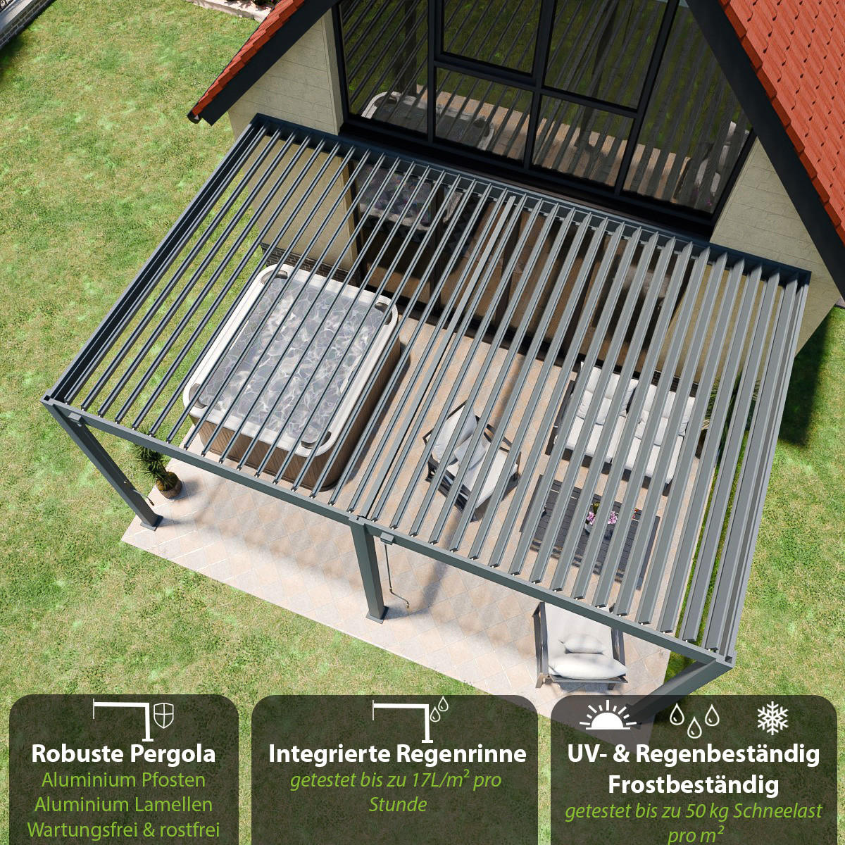 PERGOLA Deluxe Wand Pavillon Terrassenüberdachung Aluminium 3,6 x 5,3 m anthrazit - Schwarz, Metall (360/255/530cm) - WEIDE