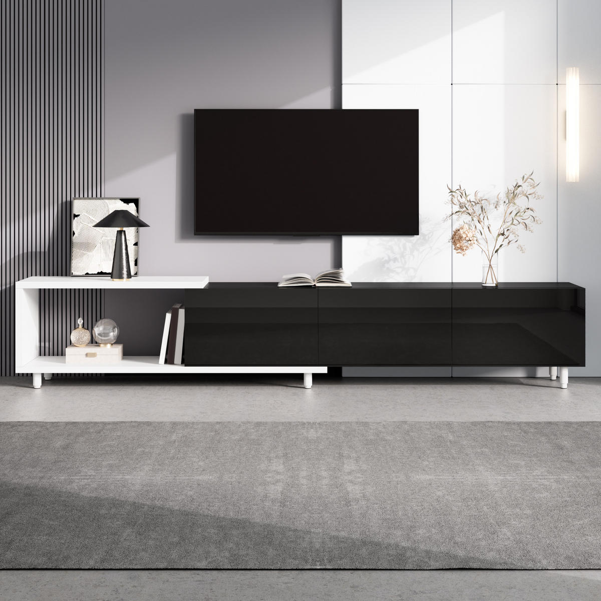 TV-ELEMENTAUSZIEHBARER 258x38x48,5cm TVLowboard Hochglanz SchwarzWeiß - Schwarz, Holz (48.31/22.3/69.01cm) - Raelunyi