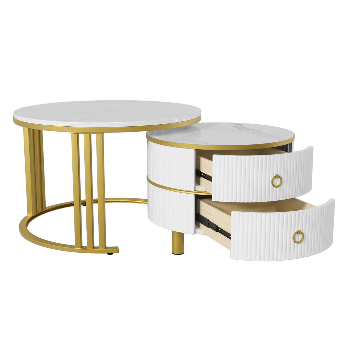 COUCHTISCH-SET, MDF mit Marmormuster und Hochglanzplatte, 2 runde Tische mit Schubladen, 70/70/46 + 50/50/40 cm, Gold und Weiß - Weiß, Holzwerkstoff (70/70/46cm) - Redom