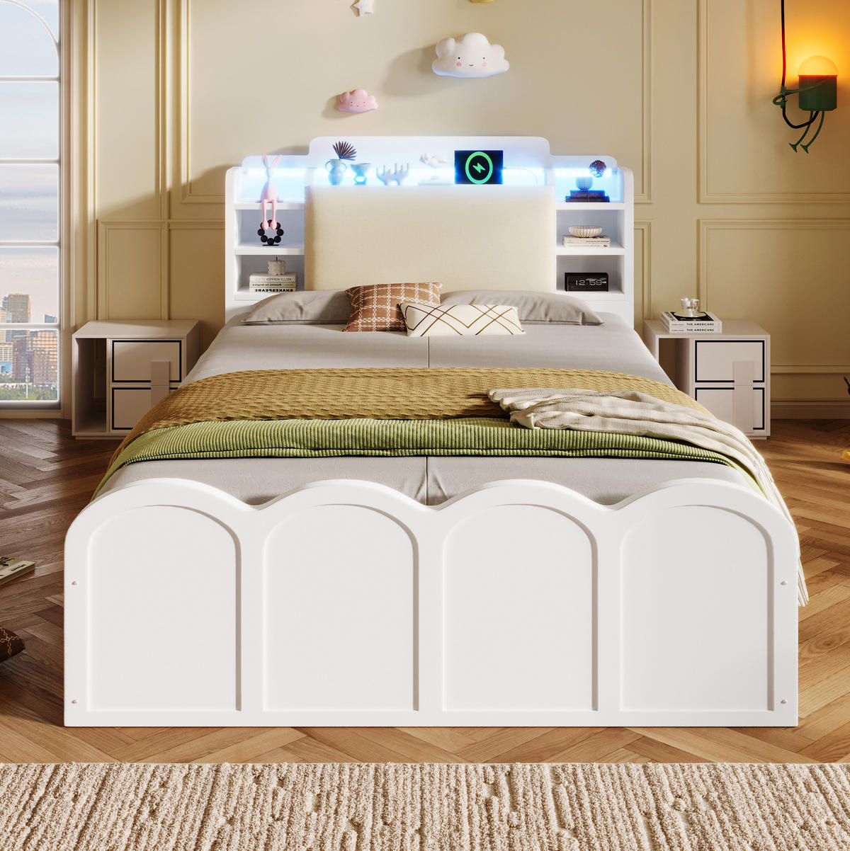 KINDERBETT 90/200 cm Weiß mit Stauraum, LED-Beleuchtung und USB- und Type-C-Anschlüssen - Weiß, Holz (90/200cm) - Flora Grace