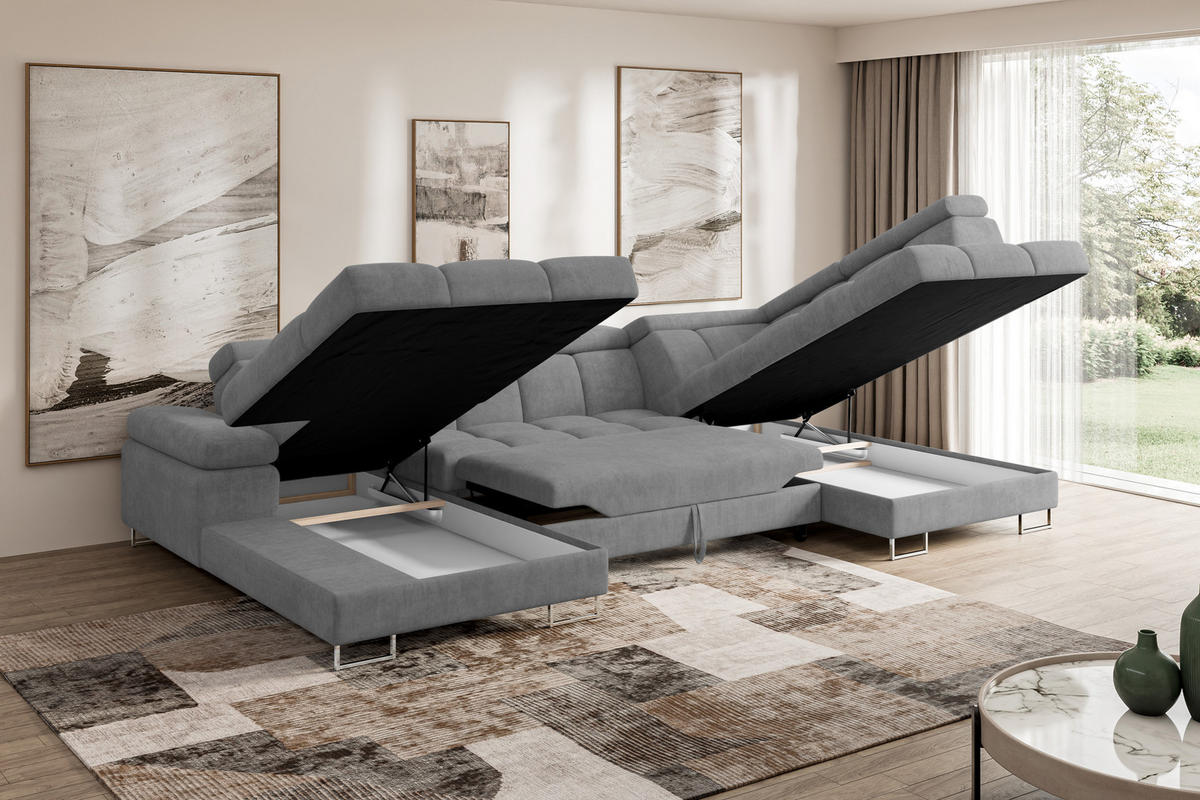 WOHNLANDSCHAFT mit Schlaffunktion und Bettkasten Ottomane RECHTS COMA U 345x203x79 Grau Velours - Grau, Holzwerkstoff/Textil (203/79/345cm) - ALTDECOR