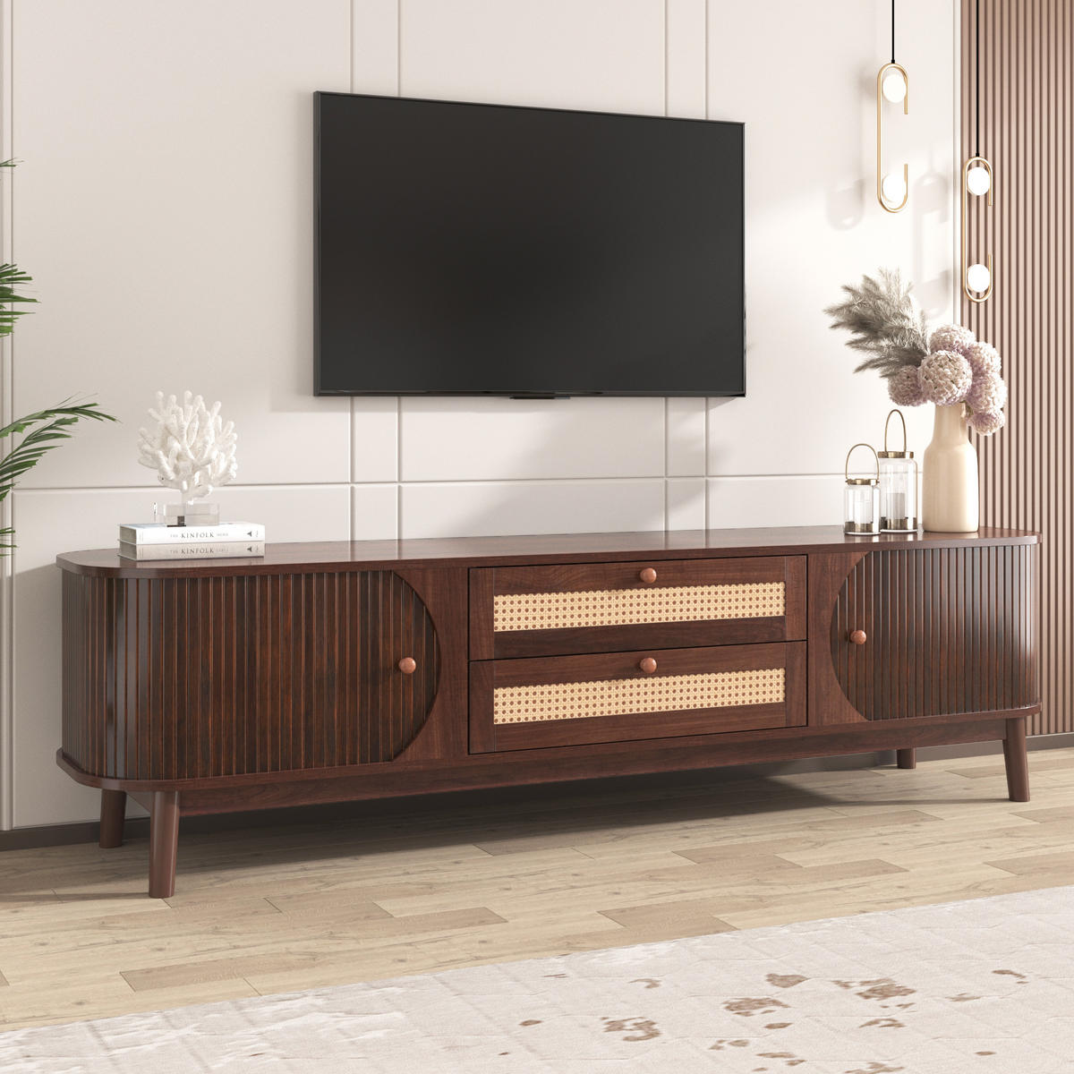 LOWBOARD in Naturfarben mit Türen, Schubladen und Rattanseiten für Wohnzimmer, B170/T39.5/H46cm - Naturfarben, Holzwerkstoff (170/46/39.5cm) - STILVORA