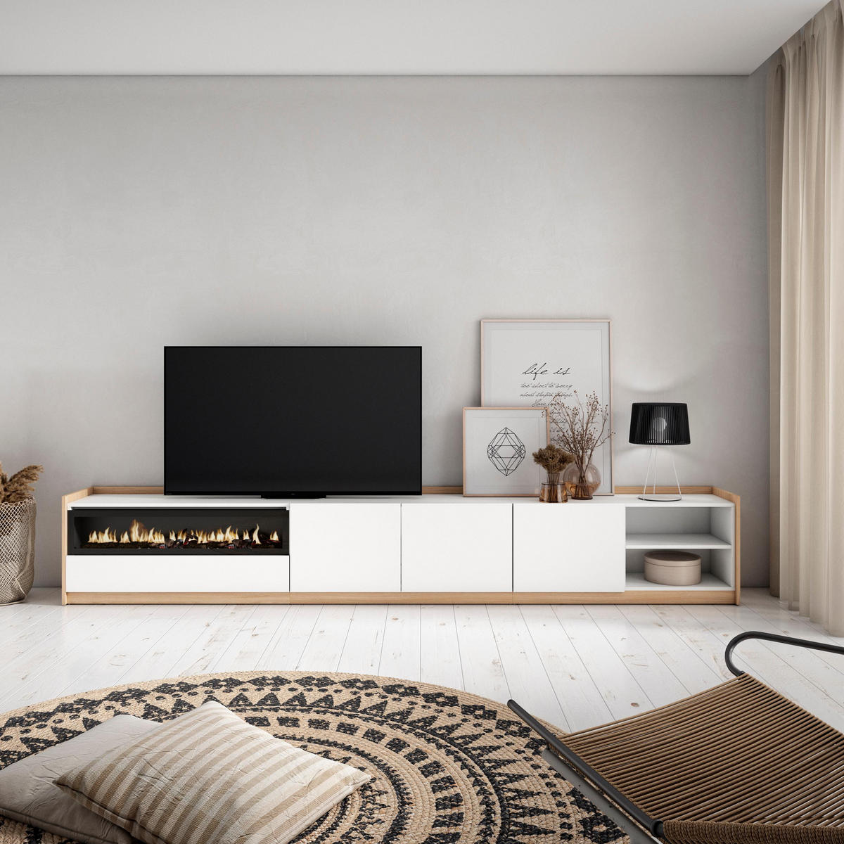 TV-SCHRANK, Lowboard, Weiß und Eiche Soft, Elektrokamin, 310/37/50cm - Weiß, Holzwerkstoff (310/50/37cm) - Skraut Home