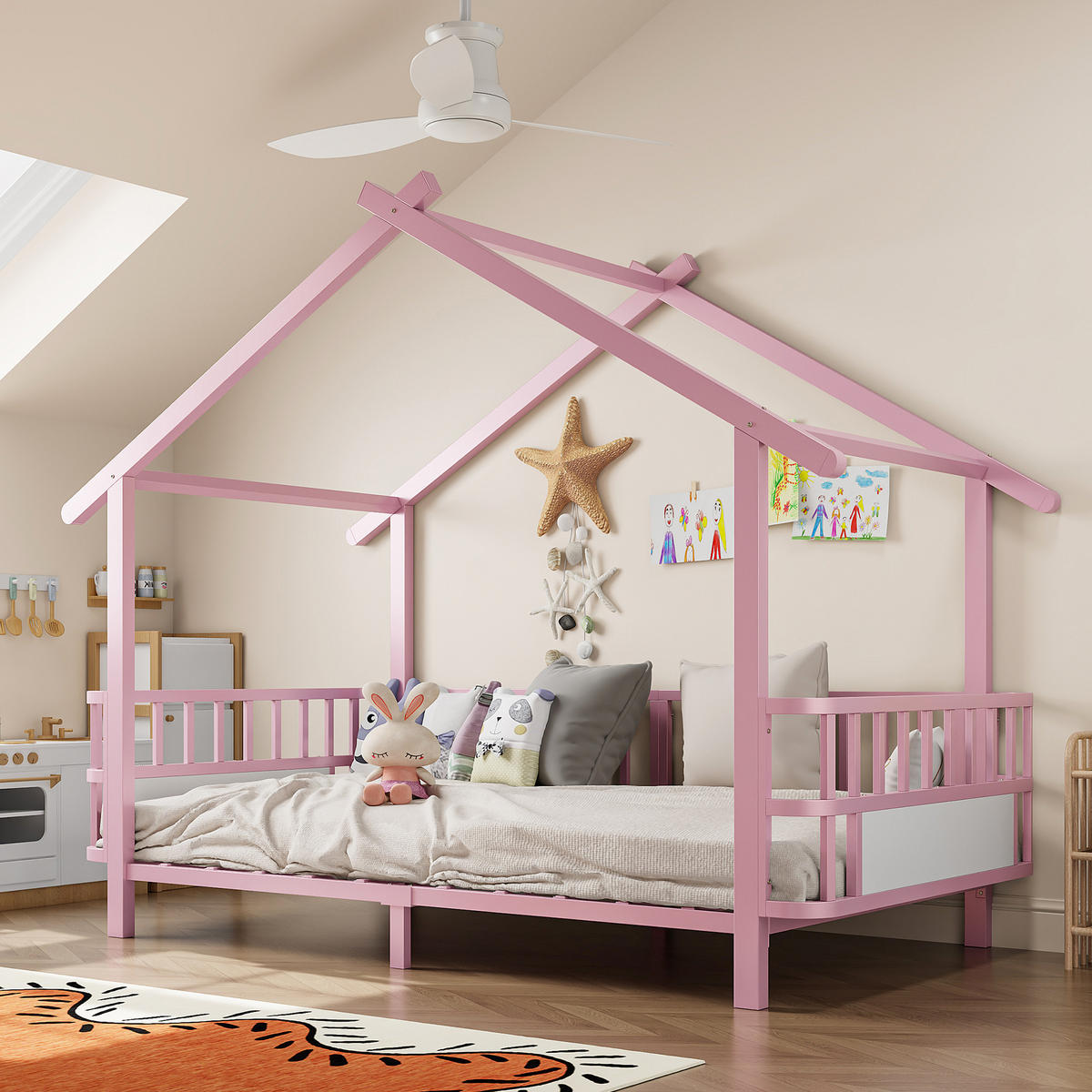 KINDERBETT 90/200 cm in Rosa mit Sicherheitsgitter und Dachdesign aus Metall - Rosa, Metall - STILVORA