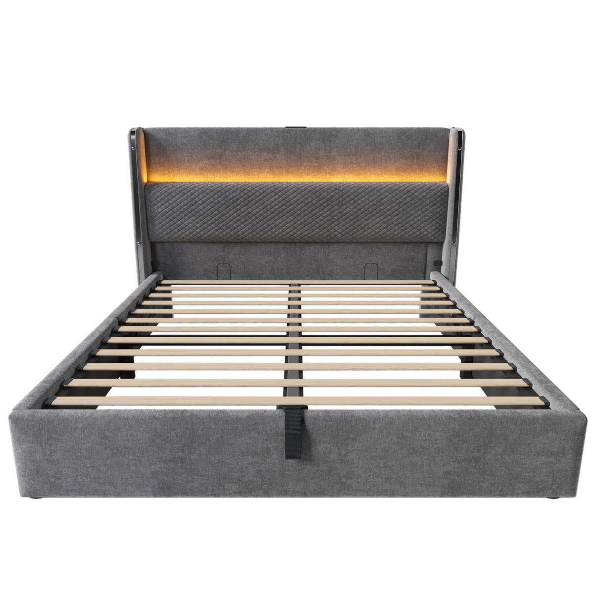 POLSTERBETT 140/200 cm mit LED-Beleuchtung, USB- und Type-C-Anschluss, hydraulischem Stauraum und Matratze, Grau - Grau, Textil (140/200cm) - Redom