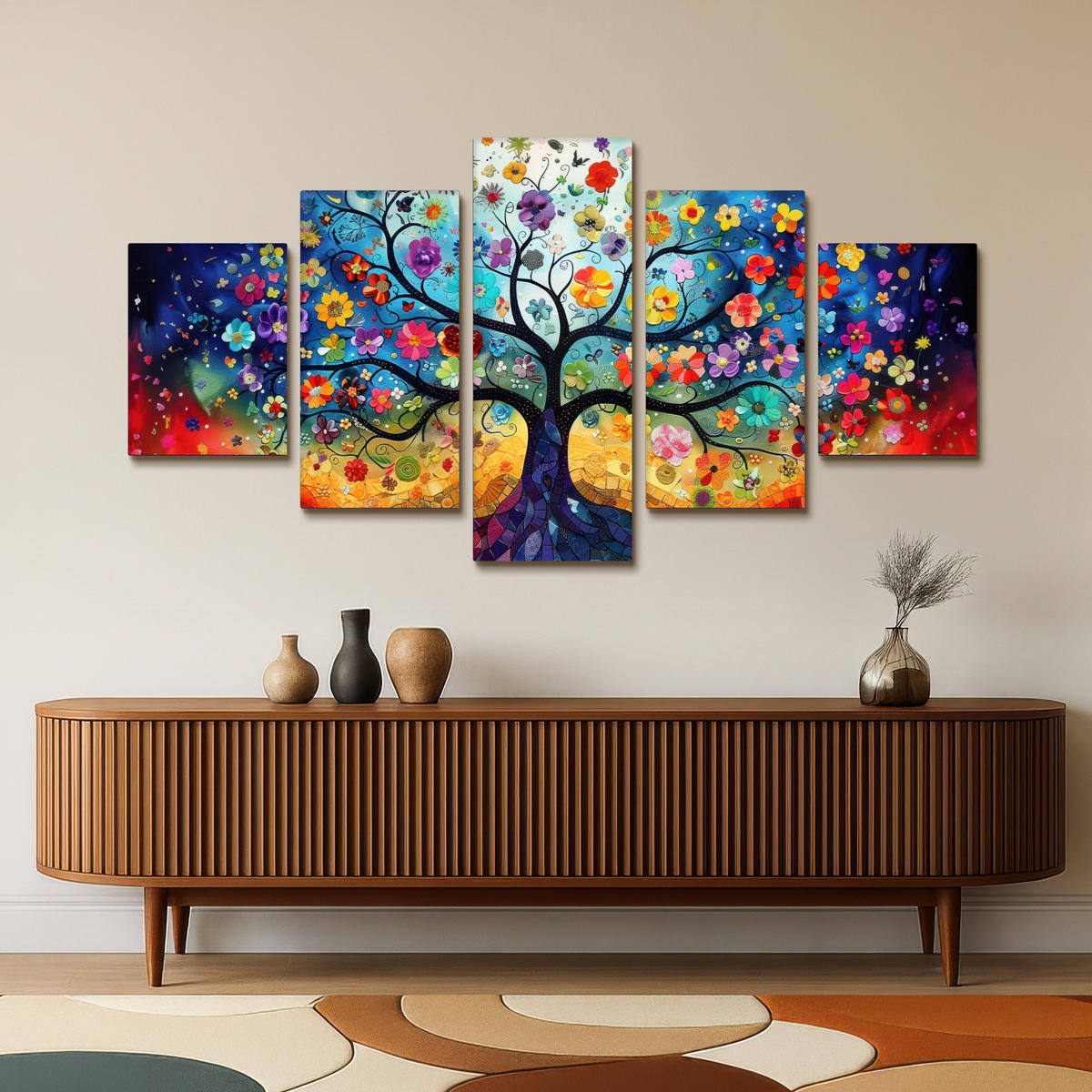 LEINWANDBILD 5er Set Bunt - Baum des Lebens - Blumen - Abstrakt 150x80 cm - Blau, Textil (150/80cm) - MuchoWow