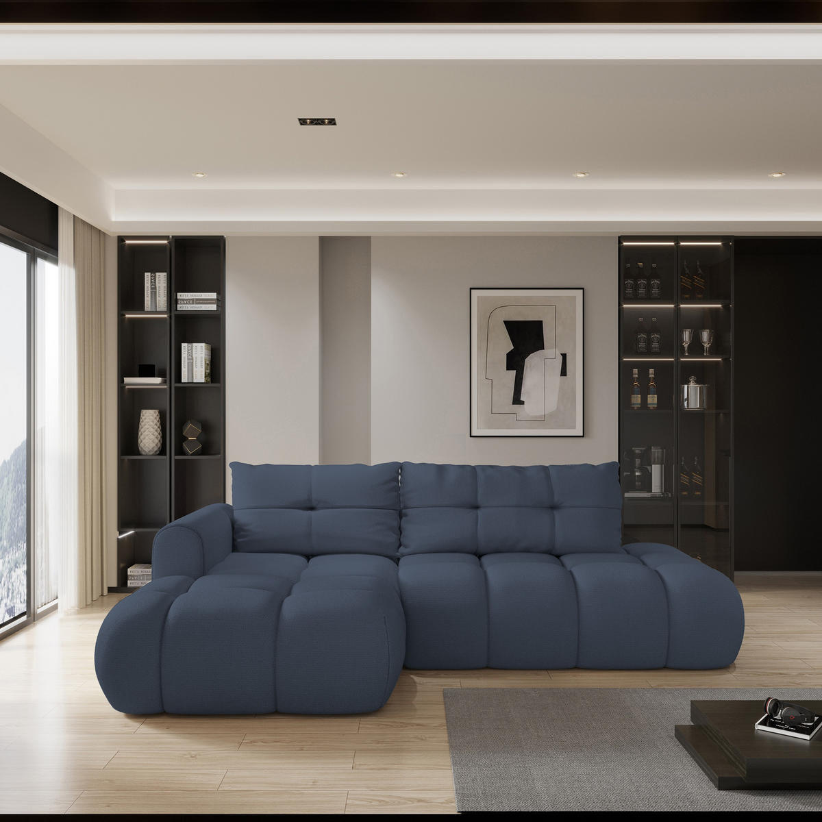 ROHOVÁ SEDAČKA FLUMA modrá - modrá/černá, dřevo/textil (279/158cm) - MASSENO