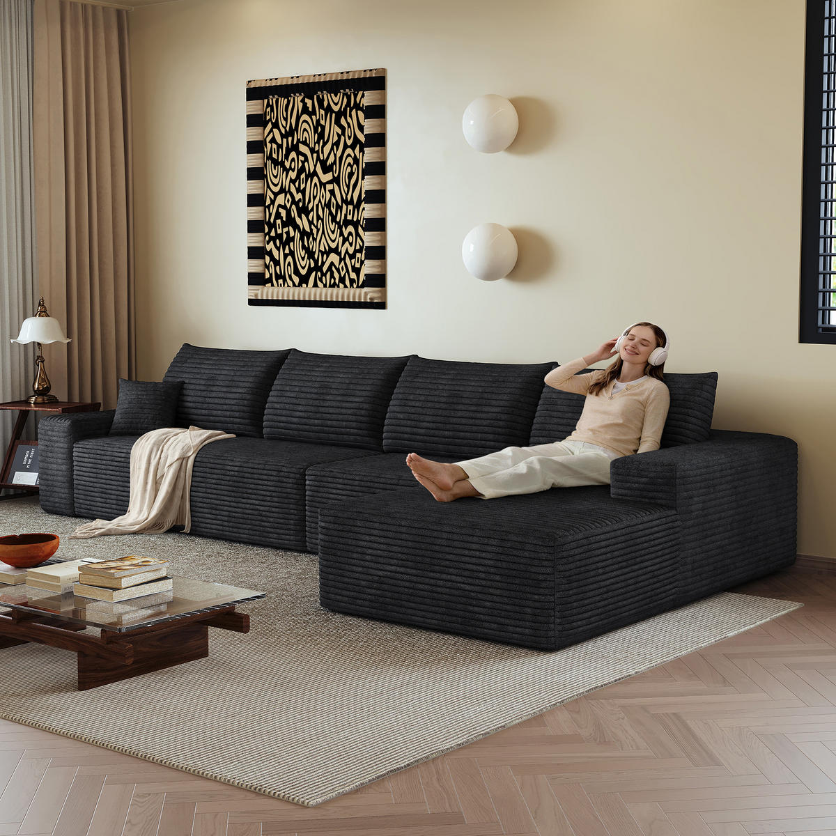 ECKSOFA 340/175/83 cm Schwarz mit L-förmiger Chaiselongue, Rechte Seite - Schwarz, Textil (340/175cm) - Oxeza