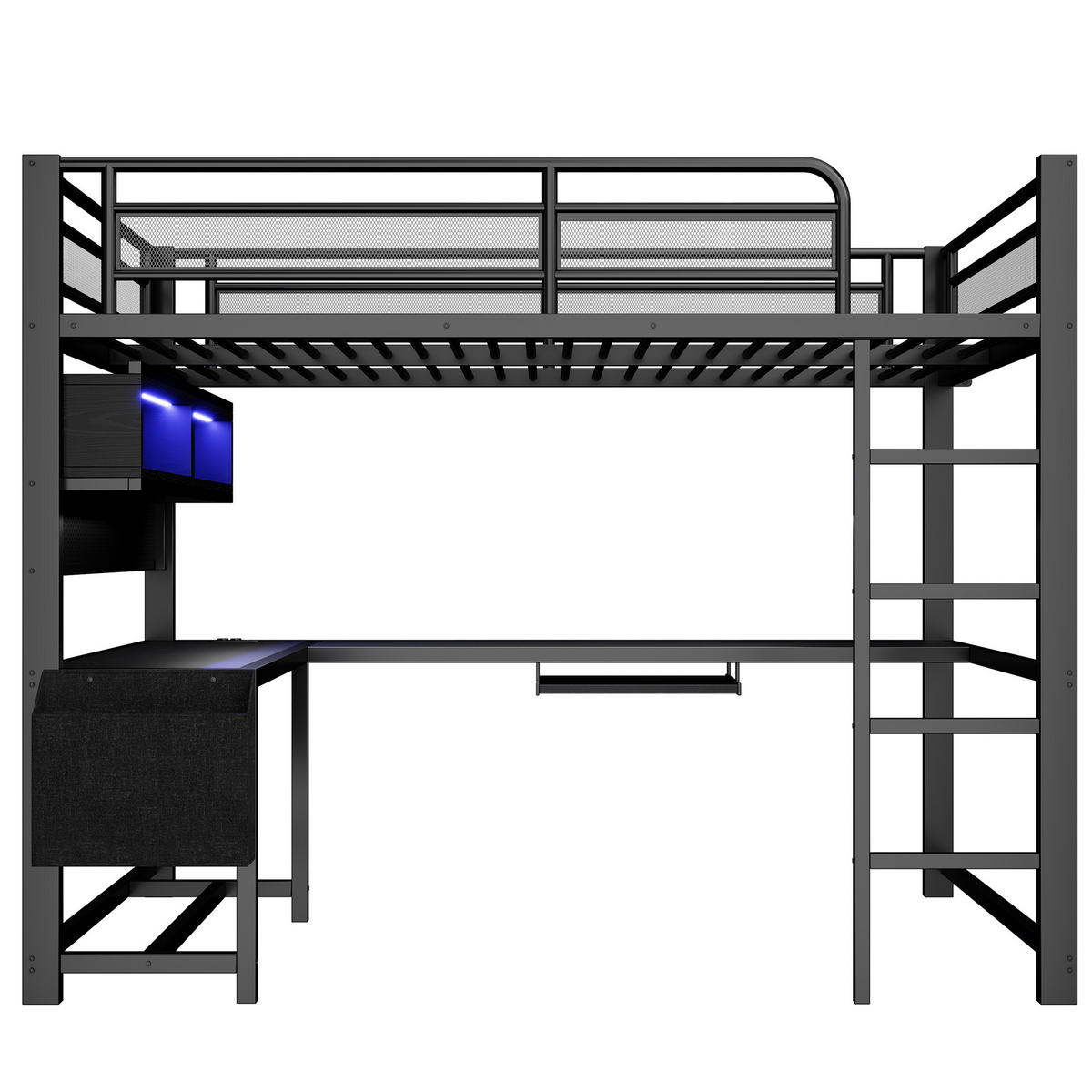 HOCHBETT 140/200 cm in Schwarz aus MDF und Metall mit Schreibtisch, LED und USB - Schwarz, Holzwerkstoff/Metall (140/200cm) - WISHDOR