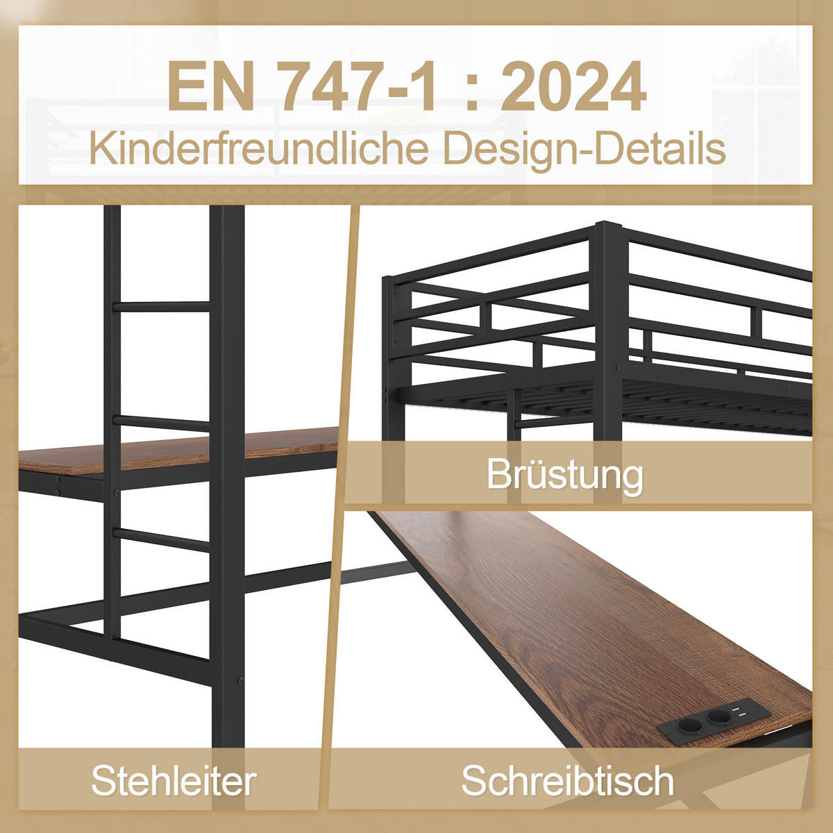 HOCHBETT 90x200cm Schwarz Metall Schreibtisch USB Steckdose EN747 - Schwarz, Metall (90/200cm) - FLIEKS