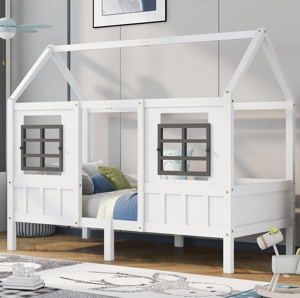 KINDERBETT 200/90 cm Weiß aus Kiefer/MDF mit 2 Fenstern - Weiß, Holz (90/200cm) - OKMYHOME
