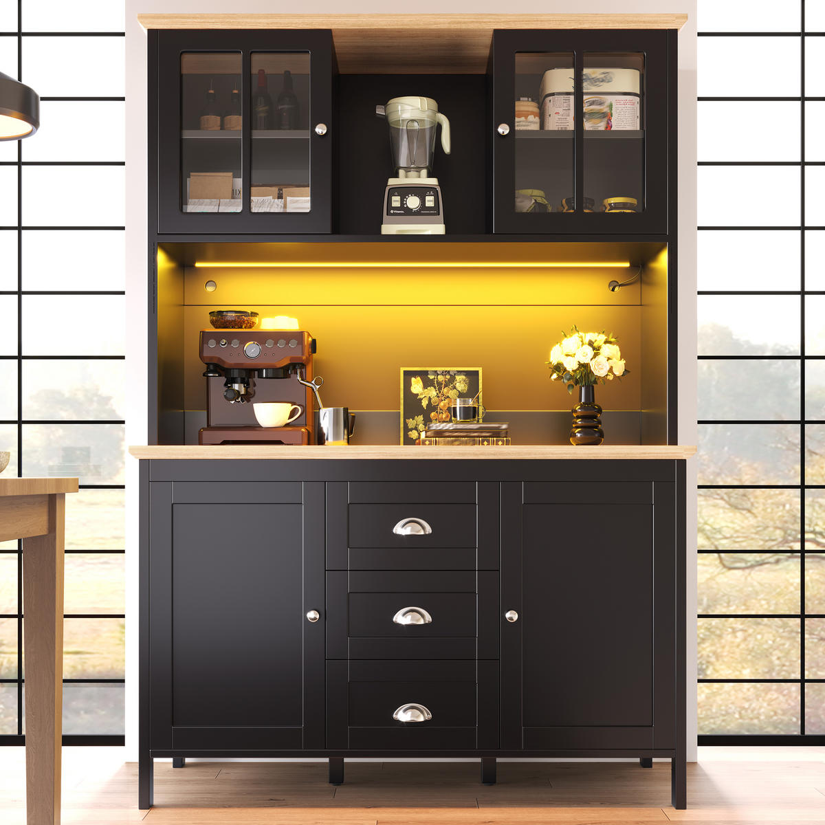 KÜCHENSCHRANK LED 120x40x179Cm 4 Türen 3 Schubladen - Schwarz, Metall (120/179/40cm) - FLIEKS