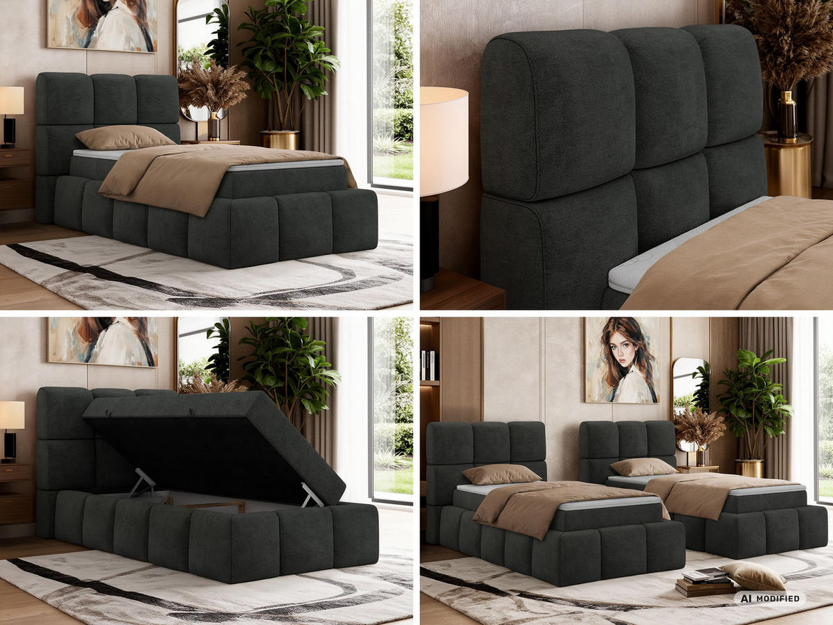 BOXBETT NIRA 90/200 - Dunkelgrau Stukture - Topper Visco - H3 - Dunkelgrau/Schwarz, Kunststoff/Textil (90/200cm) - MKS