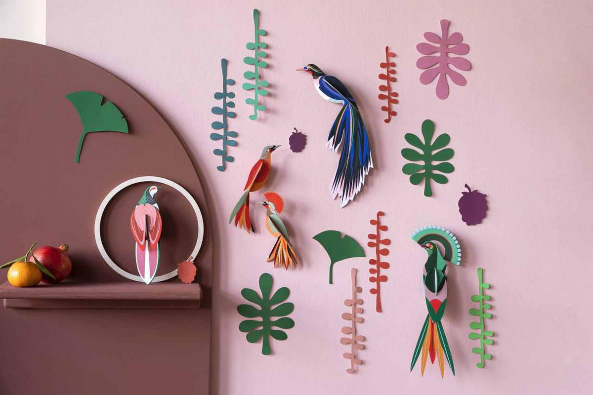 WANDDEKO Vogel-Set 20/5 cm - Multicolor/Grün, Wellpappe (20/5/36cm) - KUNSTLOFT