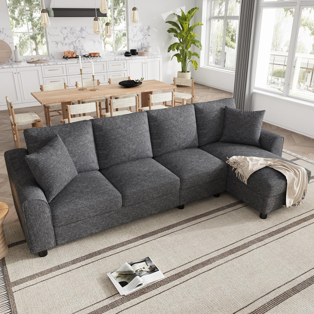 ECKSOFA 280/136/82 cm Grau mit aufklappbarem Stauraum und klappbare Rückenlehne mit Getränkehaltern - Grau, Textil (136/82/280cm) - Oxeza