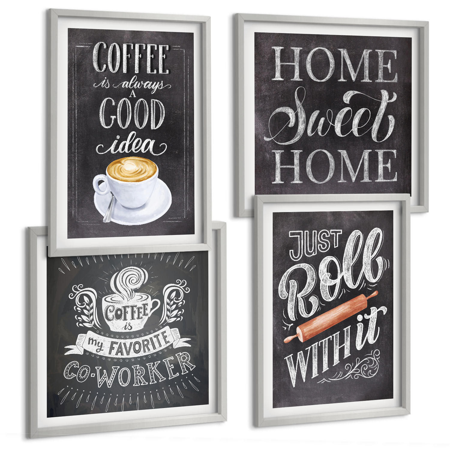 BILDER SET 4er Set - 50x50 cm & 40x60 cm Silberner Rahmen - Kaffeeroller, heimelige Wärme - Silberfarben, Kunststoff (50/50cm) - TULUP