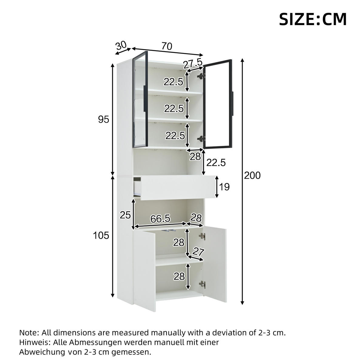 VITRINE 70/30/200 cm in Weiß mit LED-Beleuchtung, Glastüren und Schublade - Weiß, Holzwerkstoff (70/200/30cm) - Flora Grace
