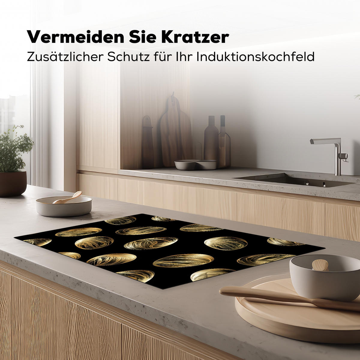 HERDABDECKPLATTE Eier - Gold - Muster Ceranfeldabdeckung 80x52 cm - Schwarz, Kunststoff (80/52/0.2cm) - MuchoWow