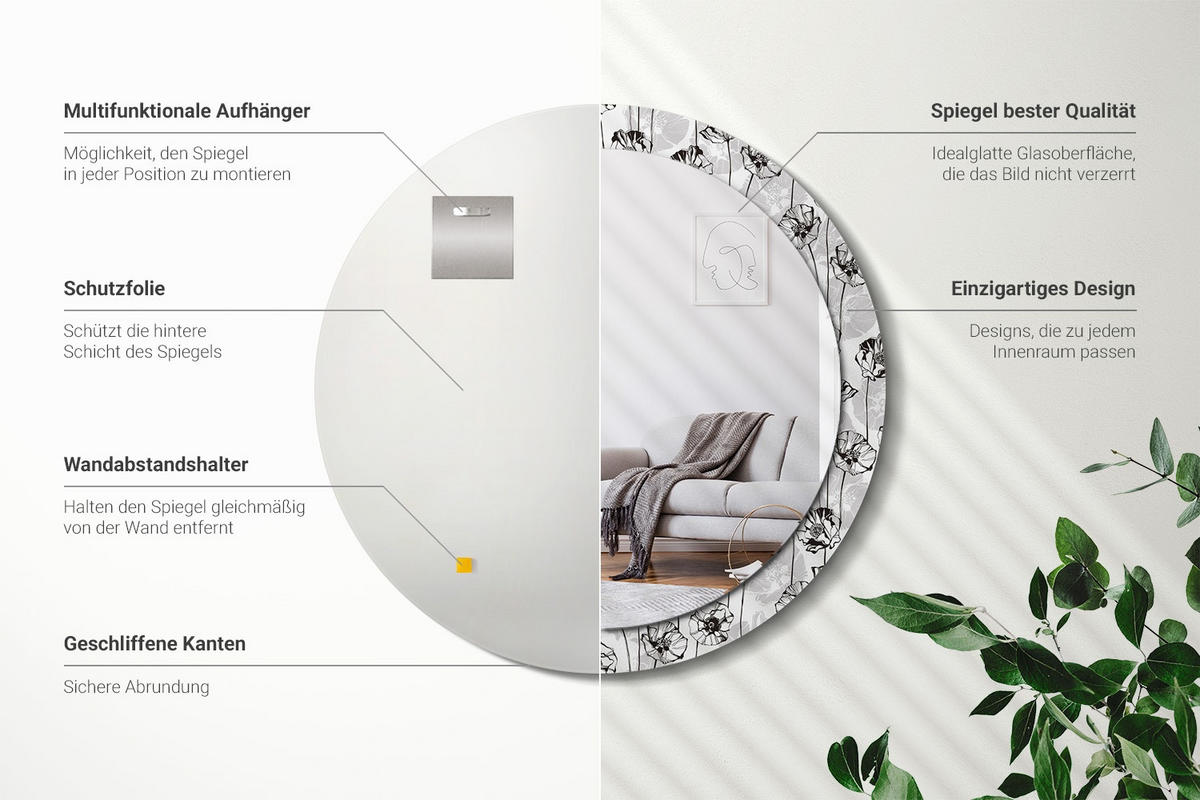 SPIEGEL Rund Ø 90 cm mit Aufdruck - Weiß, Glas (90/90/0.4cm) - Wallfluent