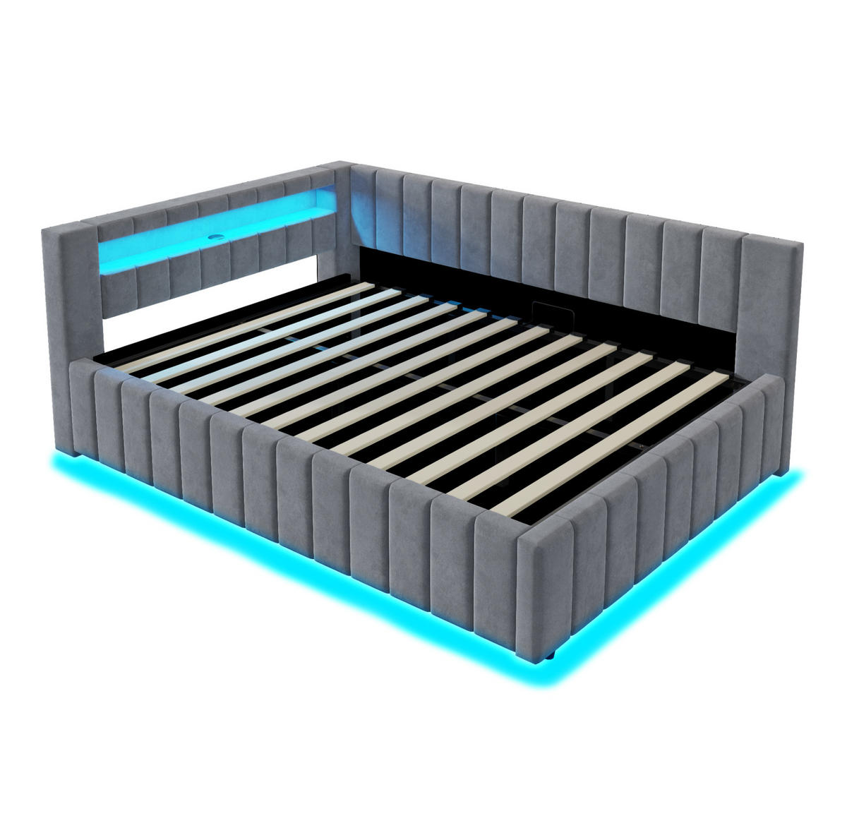 POLSTERBETT 140/200 cm aus Samt mit LED, USB und hydraulischem Stauraum Grau - Grau, Textil (140/200cm) - Modenvie