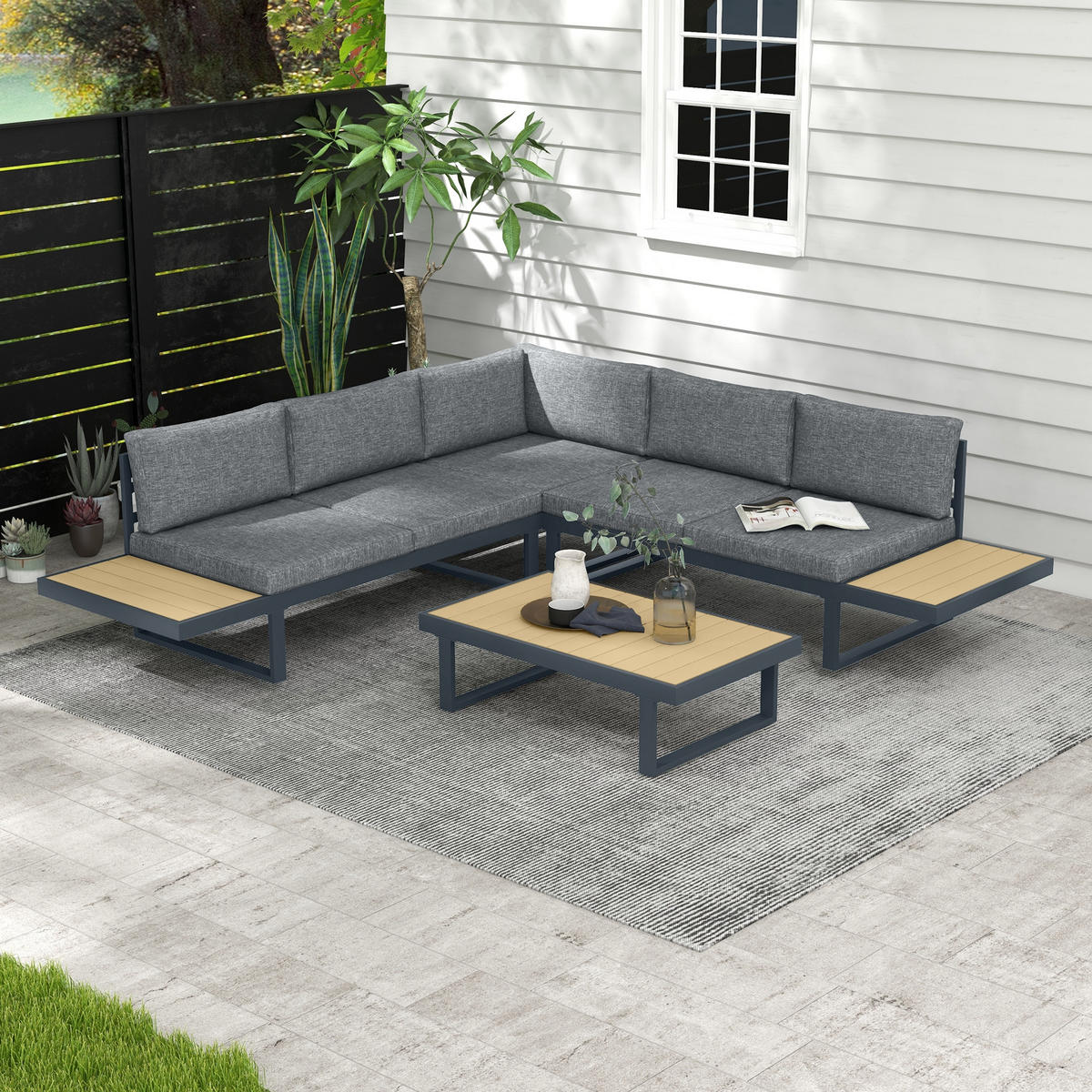 LOUNGEGARNITUR 5 Sitzplätze DE-13401 Aluminium & Holzoptik Anthrazit - Dunkelgrau, Metall - ComfortXL