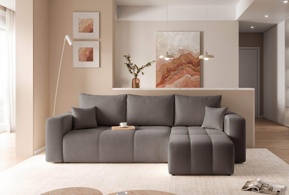 ECKSOFA Dunkelgrau Velours mit Bettkasten und Schlaffunktion - Dunkelgrau, Textil (248/145cm) - Idohome