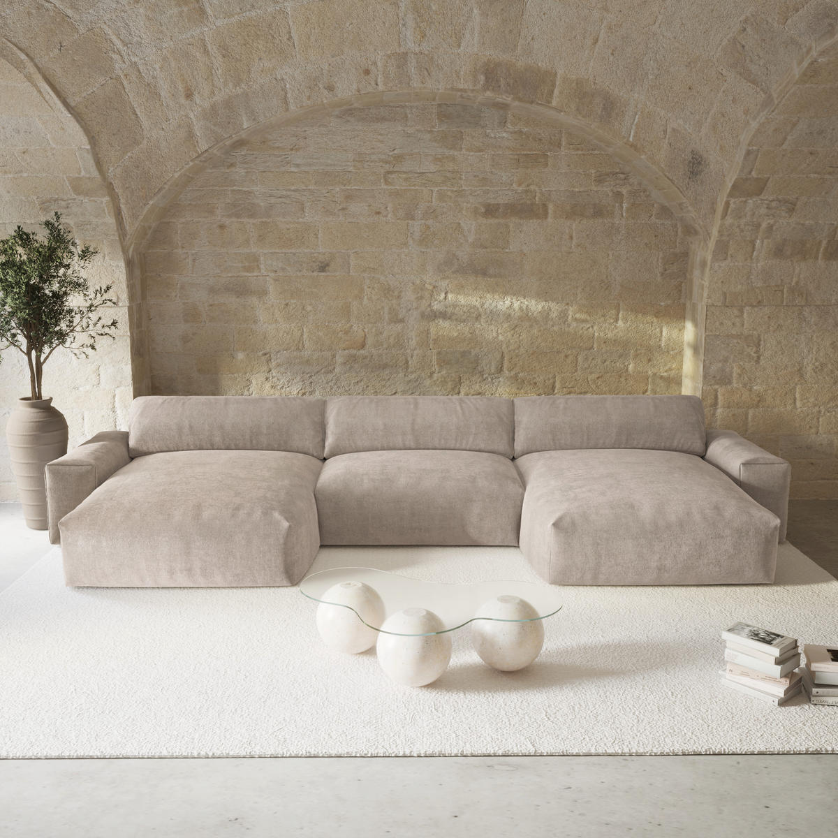WOHNLANDSCHAFT Samt Taupe 420cm - Taupe, Textil (420/75/174cm) - Sia Home