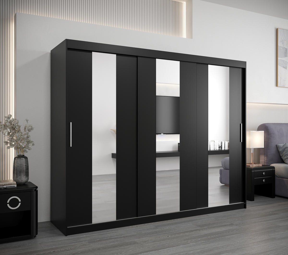 SCHWEBETÜRENSCHRANK 200/250/62 3-türig - Silberfarben/Schwarz, Holz/Kunststoff (250/200/62cm) - MÖBEL KRYSPOL