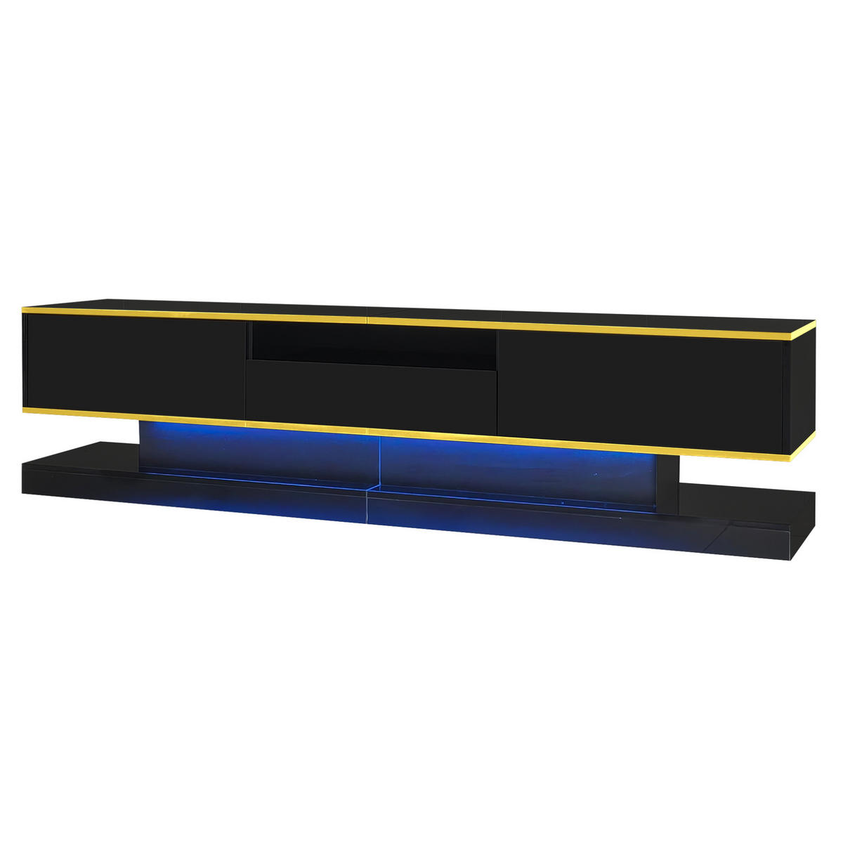 TV omarica 180/38/45 cm s 3 predali, odprtim predelkom, LED osvetlitvijo in visokim sijajem, Črna in zlata - črna, leseni material (180/45/38cm) - Redom