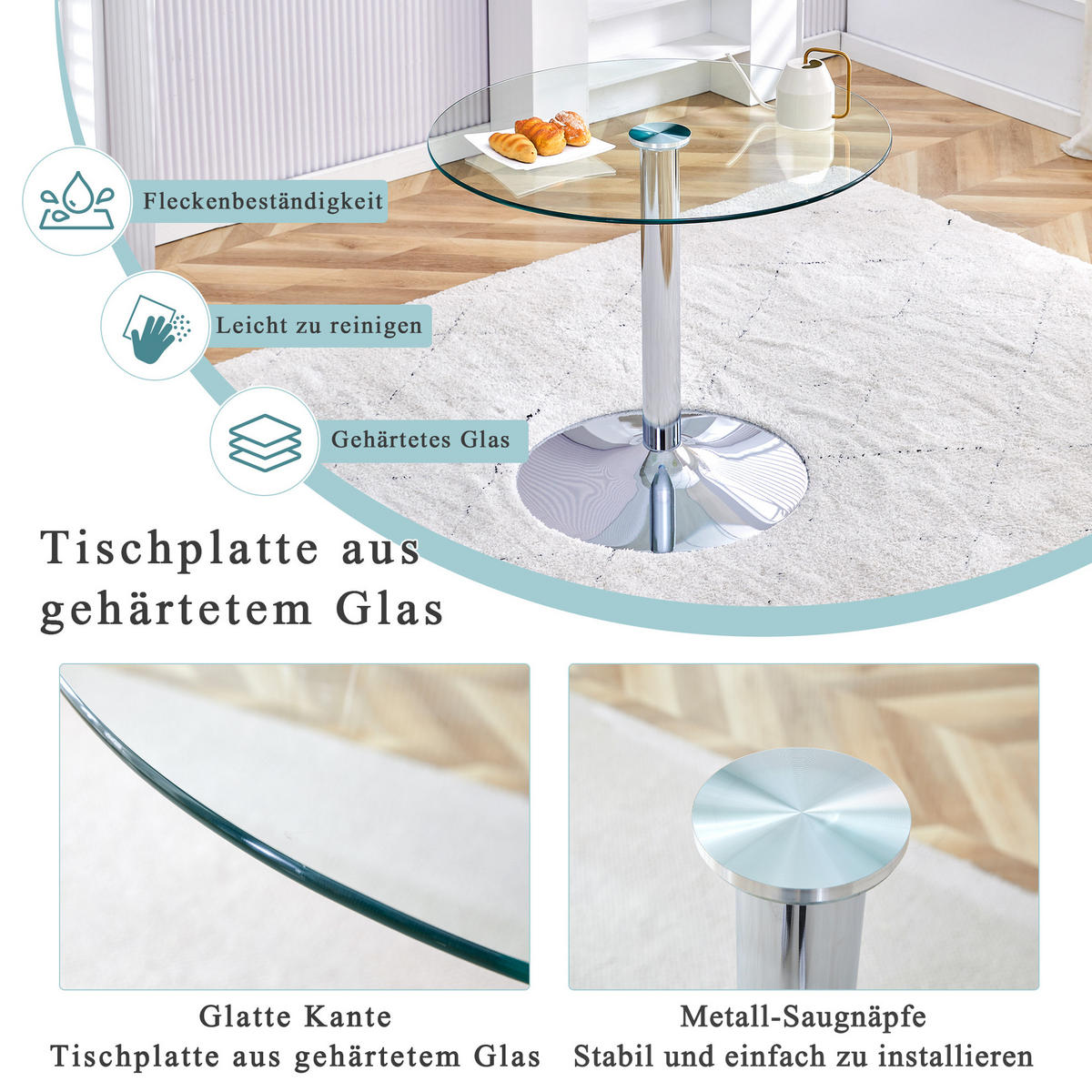 BARTISCH 85/85/76 cm Transparent Silber Glastisch mit Metallfuß - Silberfarben, Glas (85/85/76cm) - OKWISH
