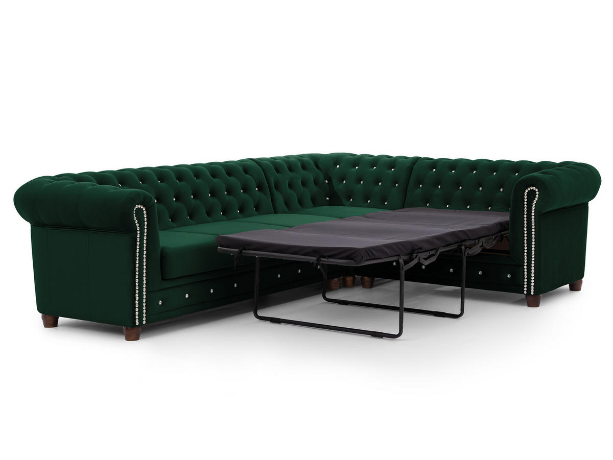 ECKSOFA mit Schlaffunktion Chesterfield Flasche Grün Samt mit Kristallsteppung und braunen Massivholzfüßen - Ottomane Rechts - Braun/Grün, Holz/Textil (264/210cm) - S-Style Möbel