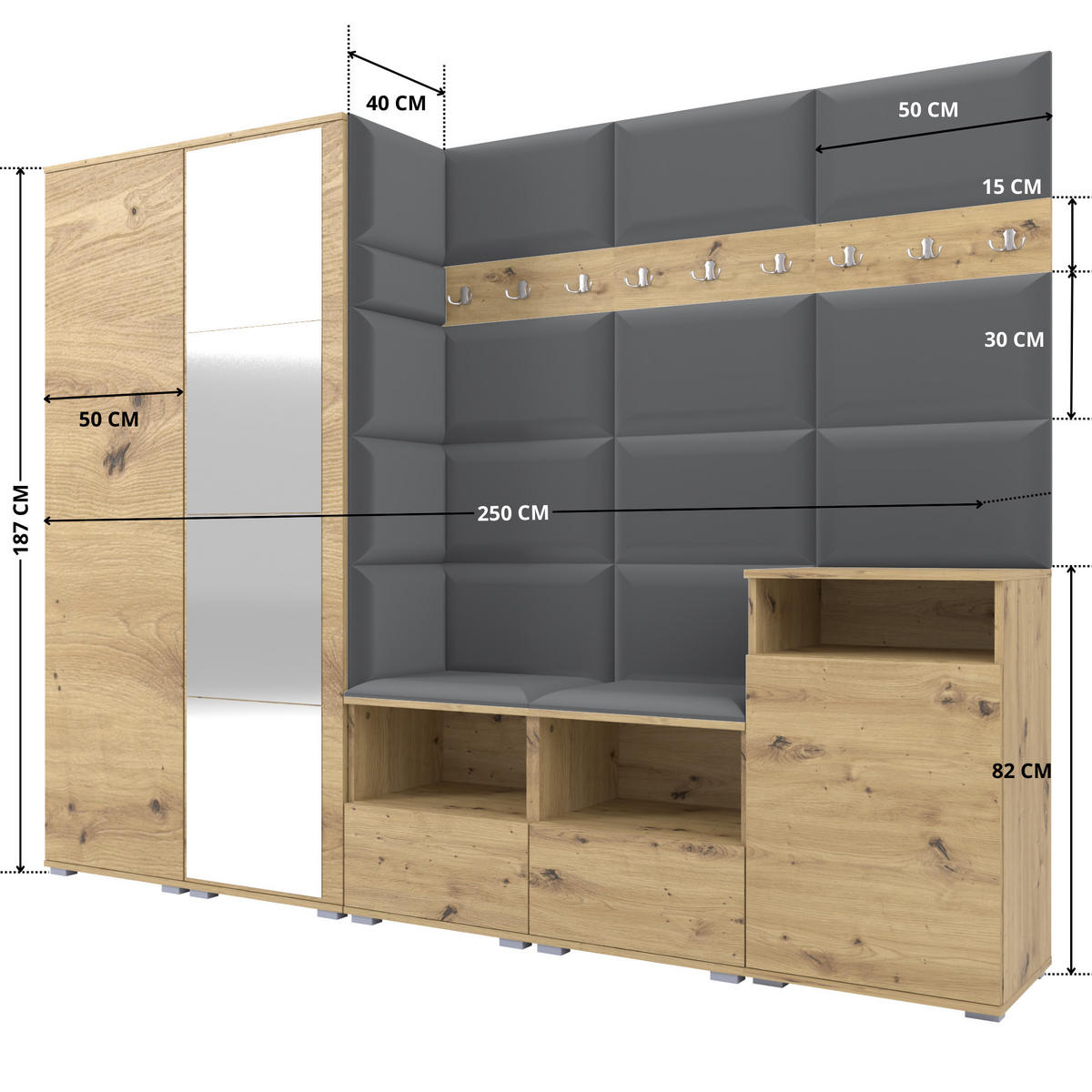 GARDEROBE NELA VIII 250 cm (Modulare Flurmöbel Artisan Eiche mit Spiegel & Sitzpolster Dunkelgrau 15 Set XL) - Dunkelgrau/Silberfarben, Holz/Holzwerkstoff (250/187/40cm) - Ravio