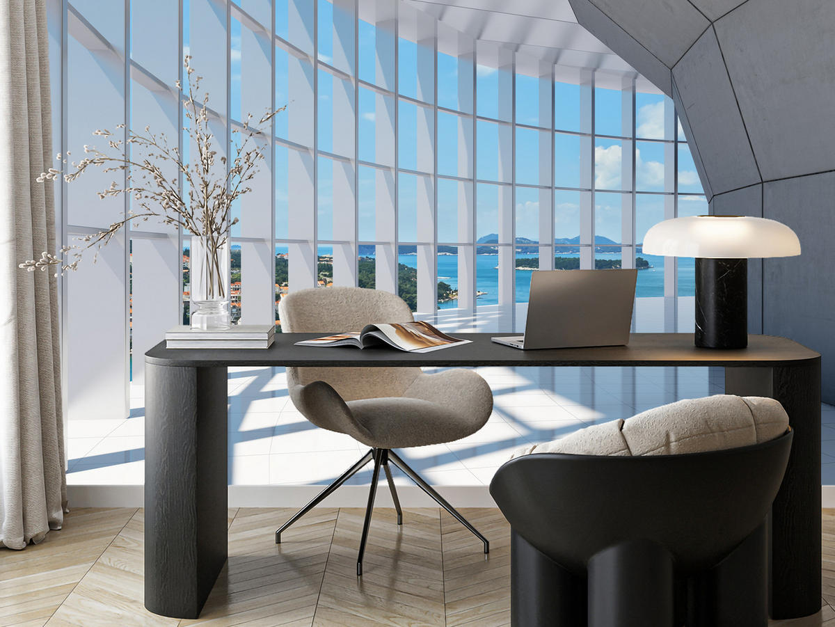 FOTOTAPETE für Wohnzimmer Räumlicher Tunnel mit Meerblick 500x350 - Blau/Beige, Papier (500/350cm) - Muralo