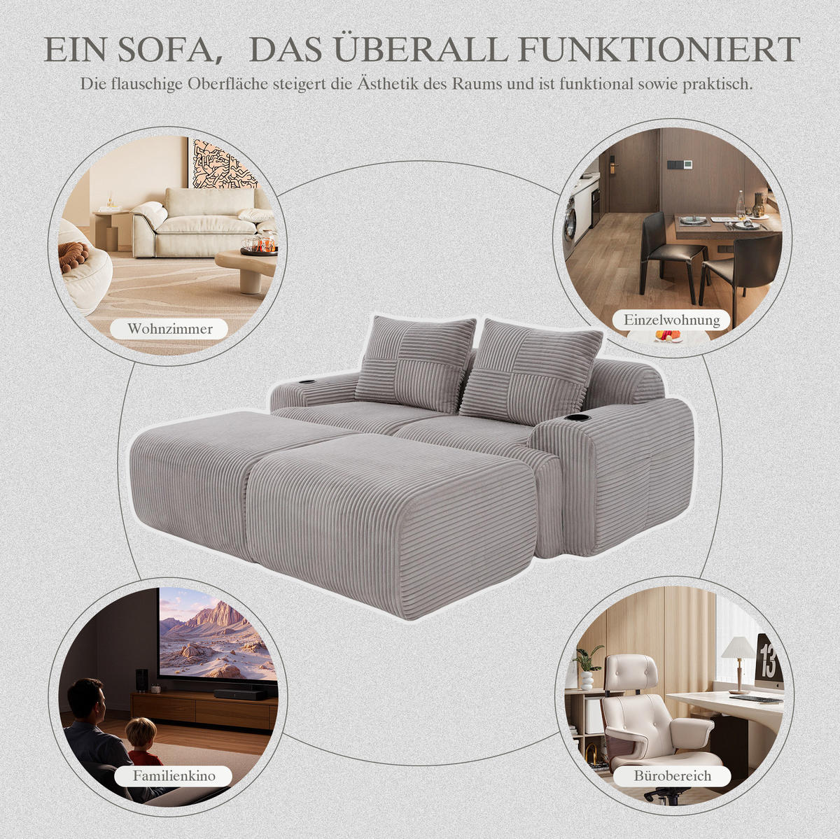 MODULARES 2-Sitzer Sofa Cord mit Getränkehalter und Seitentasche 200/174/80 cm Hellgrau - Hellgrau, Textil (174/80/200cm) - Redom
