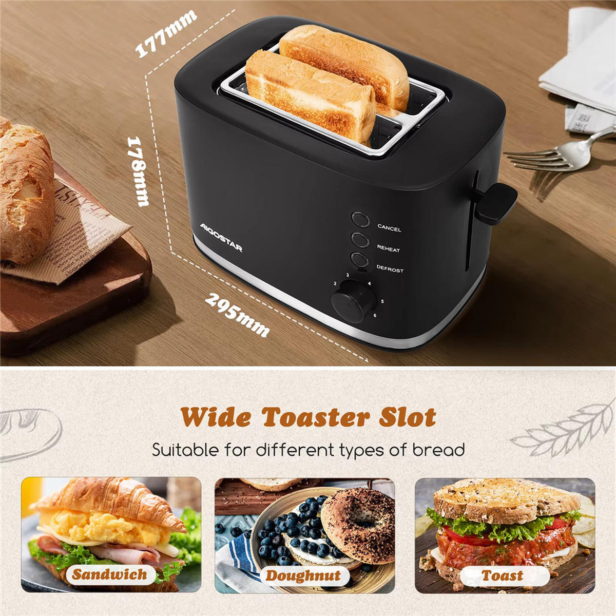 TOASTER 2 Scheiben 800W Brötchenaufsatz 6 Stufen Schwarz - Schwarz, Metall (29.5/17.8/17.7cm) - Kaket