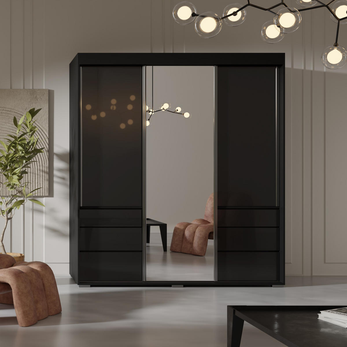 SCHIEBETÜRENSCHRANK mit Schubladen und Spiegel Torino 3D1L 180 Schwarz (Lacobel) - Silberfarben/Schwarz, Holzwerkstoff/Metall (180/204/65cm) - mzm24