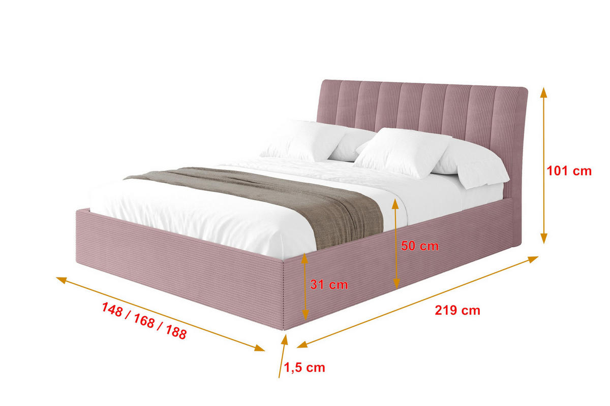 POLSTERBETT mit Bettkasten und Lattenrost, Boxbett ohne Matratze - ILAN 180x200 Rosa - Rosa, Holzwerkstoff/Textil (180/200cm) - ALTDECOR