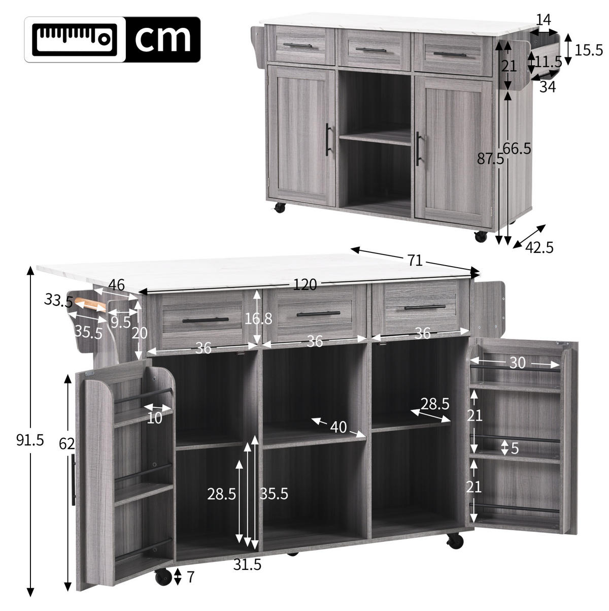 SERVIERWAGEN mit Klapptisch 139 x 46/71 x 91,5 cm Grau MDF - Grau, Holz (46/91.5/139cm) - Beauniv