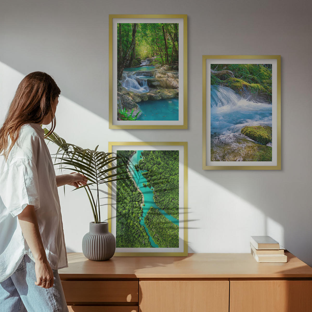 WANDBILDER 3er Set - 40x60 cm Goldrahmen - Grüne Wälder, kristallklares Wasser - Goldfarben, Kunststoff (40/60cm) - ArtPrintCave