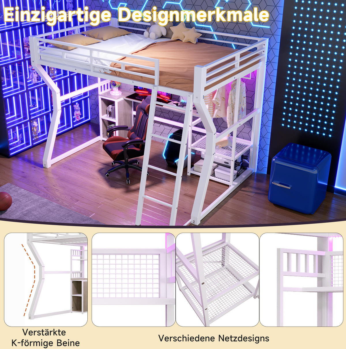 HOCHBETT 140/200 cm aus Metall und MDF mit Lichtleiste, Steckdose, Schreibtisch und Stauraum, Weiß - Weiß, Holzwerkstoff (140/200cm) - Redom