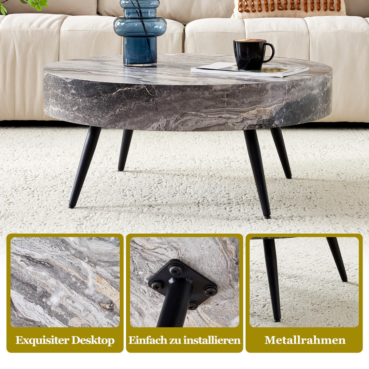 RUNDER COUCHTISCH Marmor-Optik - Grau, Metall (70/70/35.5cm)