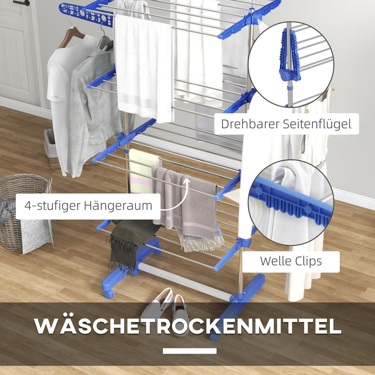 WÄSCHESTÄNDER DE-09794 5 Ebenen, klappbar mit 6 Rollen Blau+Silber - Blau, Metall (142/172/55cm) - ComfortXL