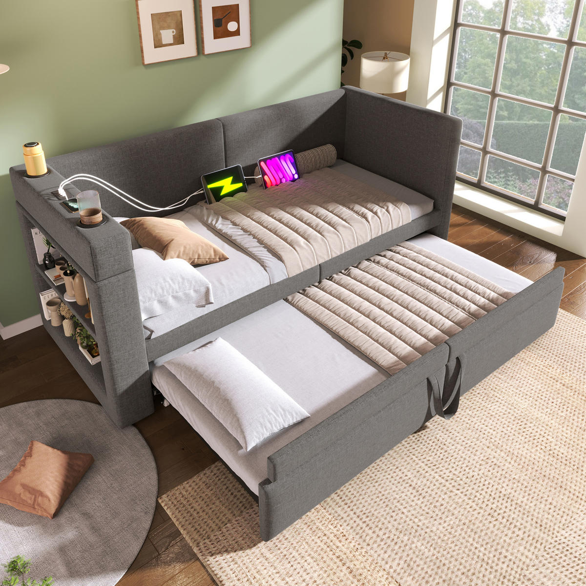 POLSTERBETT 90/200 cm mit Ausziehbett, USB- und Type-C-Anschluss, Getränkehaltern und Ablagen, Baumwoll-Leinen-Bezug, Grau - Grau, Textil (90/200cm) - Redom
