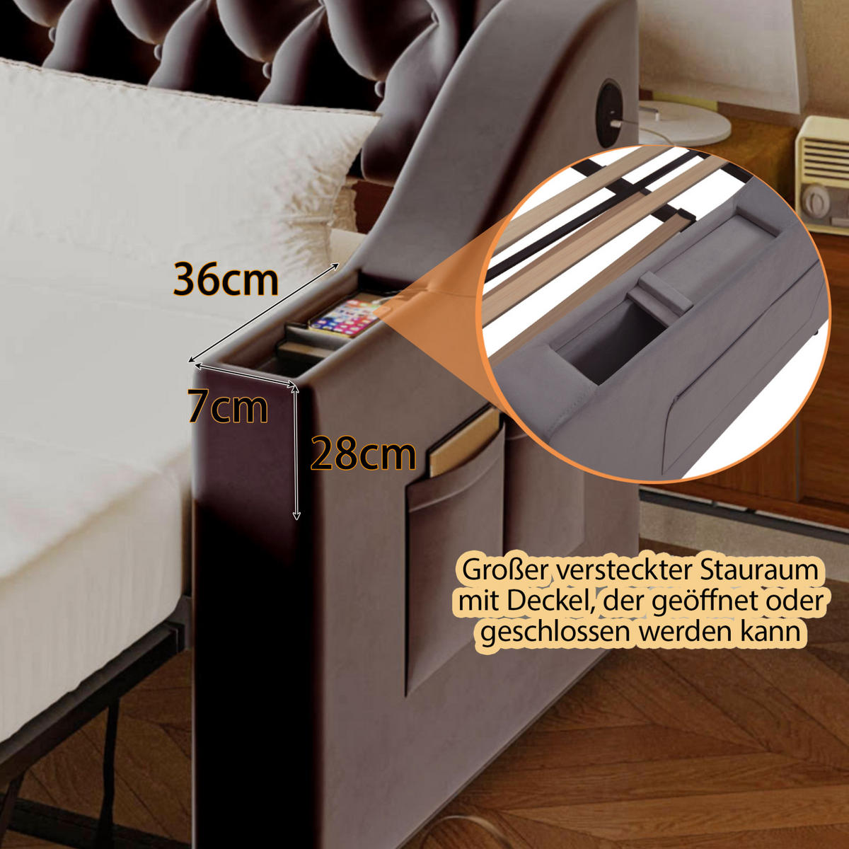 ROZKLADACIA čalúnená posteľ zo zamatu 90x190 cm sivá s USB, úložnými opierkami a lamelovým roštom - tmavosivá, textil (90/190cm) - Modfu