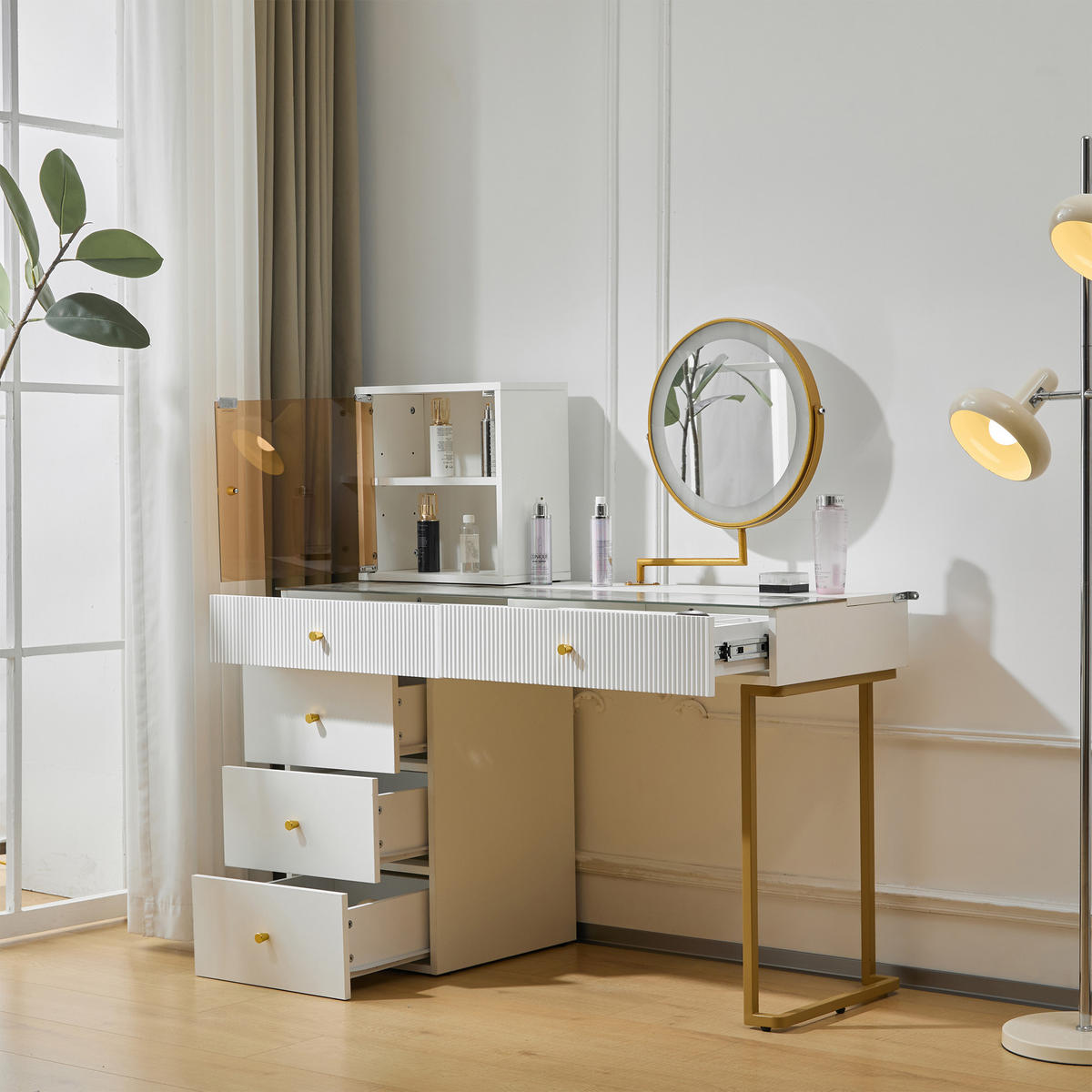 SCHMINKTISCH WEISS mit LED-Spiegel gehärtetem Glas und Schrank 120x45x115 cm - Weiß, Holzwerkstoff (45/115/120cm) - Bomclap