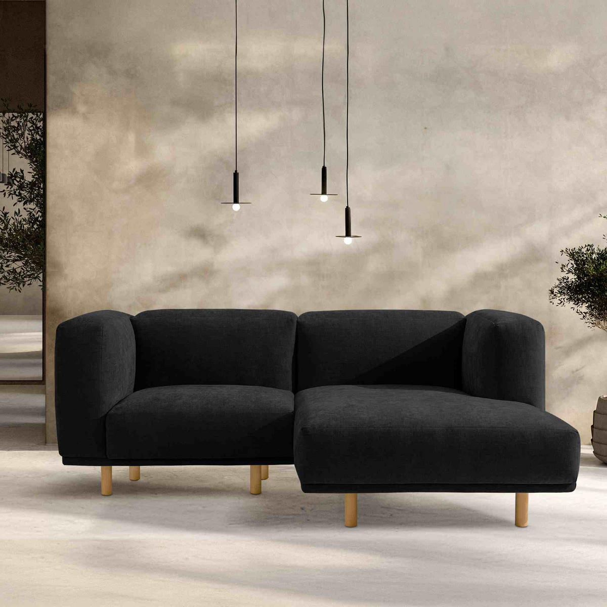 ECKSOFA-RECHTS FOSERO, Chenille-Stoff - Anthrazit/Buchefarben, Holz/Holzwerkstoff (204/155cm) - KONSIMO®