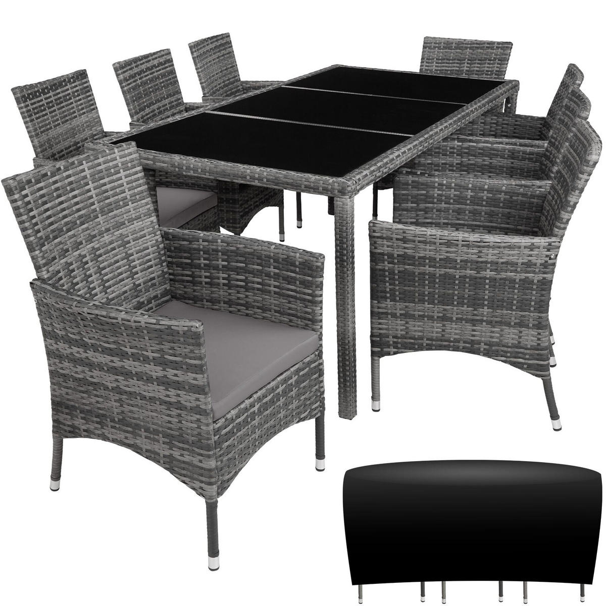 RATTAN SITZGRUPPE Almansa,inklusive Schutzhülle,grau-meliert/grau - Grau, Kunststoff - tectake