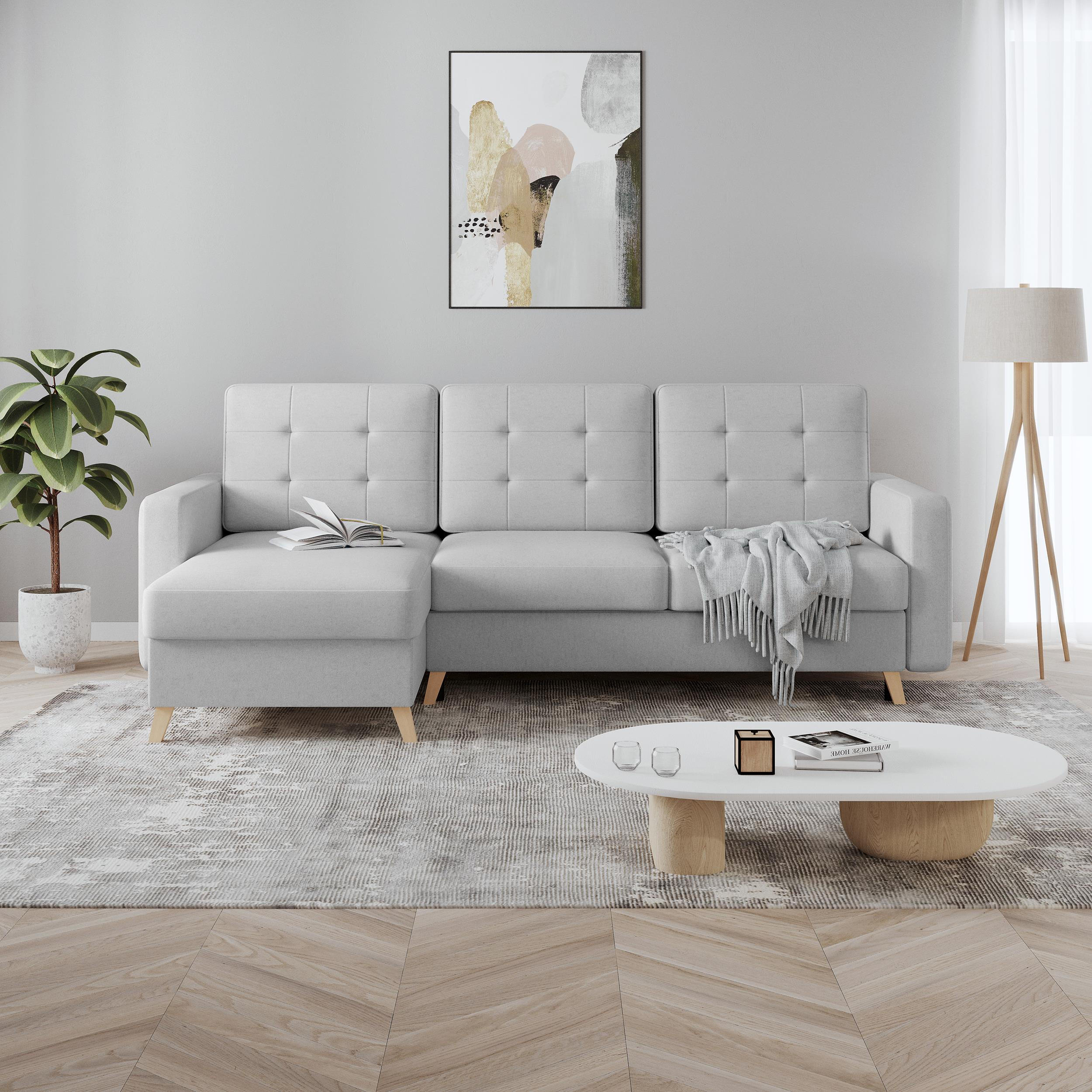 ECKSCHLAFSOFA Vinci mit universelle Ottomane, Hellgrau - Buchefarben/Hellgrau, Textil (236/151cm) - Beautysofa