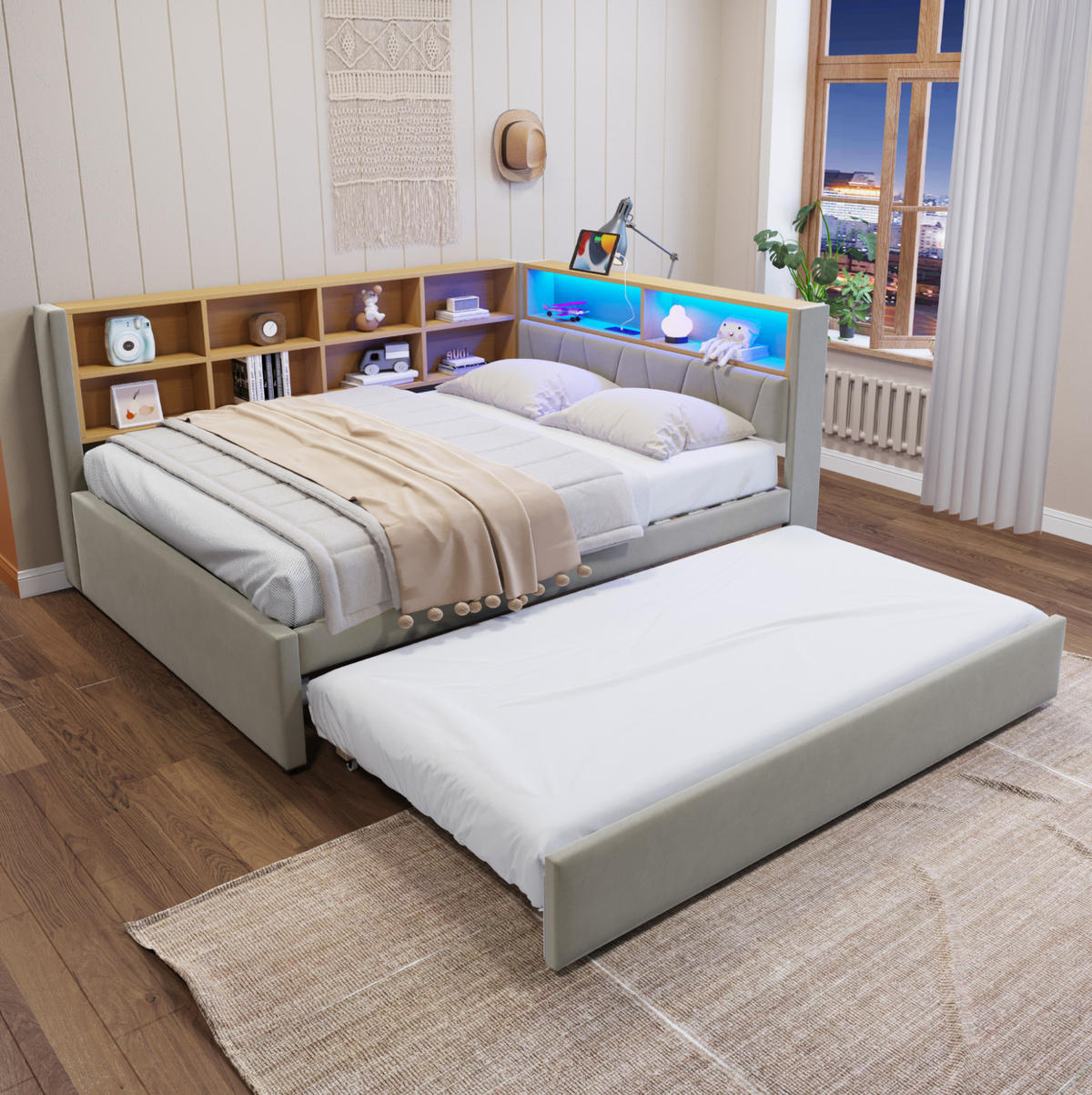 POLSTERBETT 140/200 cm aus Flanell mit LED-Leuchten und Stauraum, Hellgrau - Hellgrau, Textil (140/200cm) - OKMYHOME