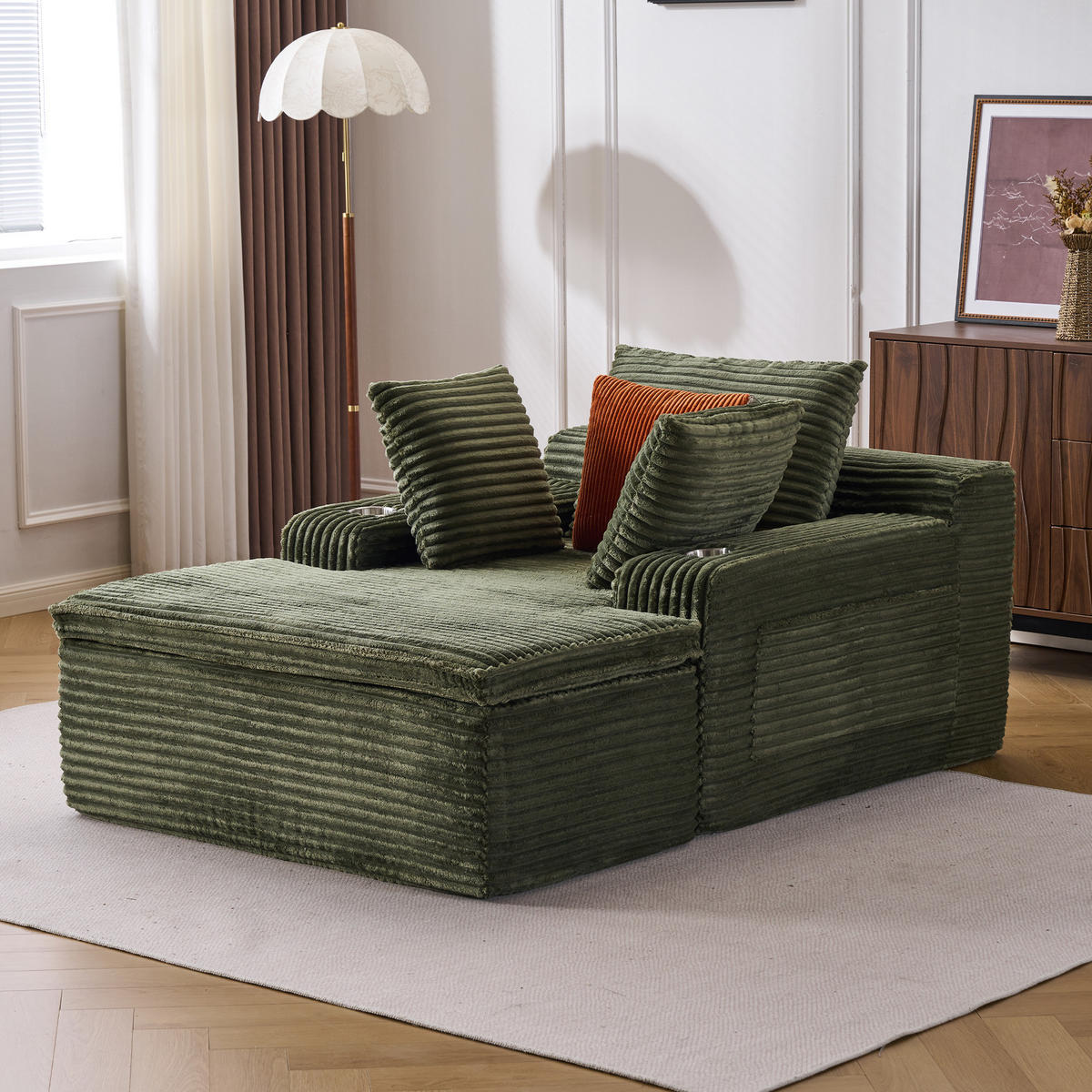 SCHLAFSOFA 165/112/63 cm Grün mit Chaiselongue, 3 Kissen und 1 Decke - Grün, Textil (112/63/165cm) - Oxeza